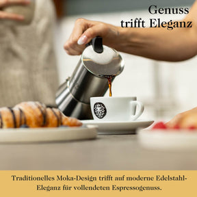 Premium Espressokocher aus elegantem Edelstahl für 4 oder 6 Tassen inkl. Untersetzer