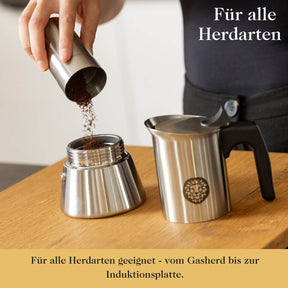 Premium Espressokocher aus elegantem Edelstahl für 4 oder 6 Tassen inkl. Untersetzer