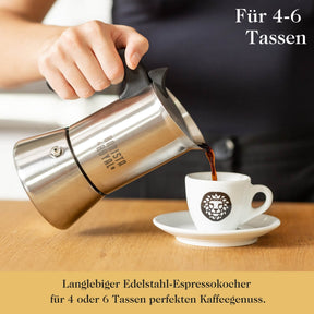 Premium Espressokocher aus elegantem Edelstahl für 4 oder 6 Tassen inkl. Untersetzer