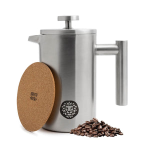 Premium French Press aus rostfreiem Edelstahl für 0,6 bis 1 Liter inkl. Untersetzer & Ersatzfilter