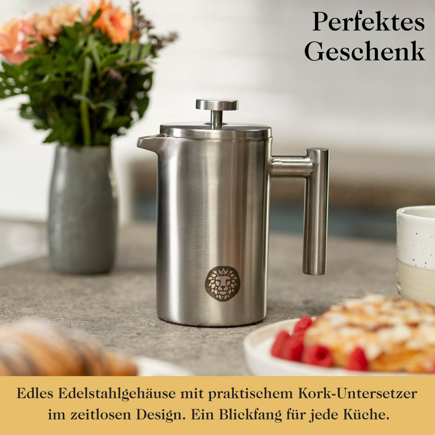 Premium French Press aus rostfreiem Edelstahl für 0,6 bis 1 Liter inkl. Untersetzer & Ersatzfilter