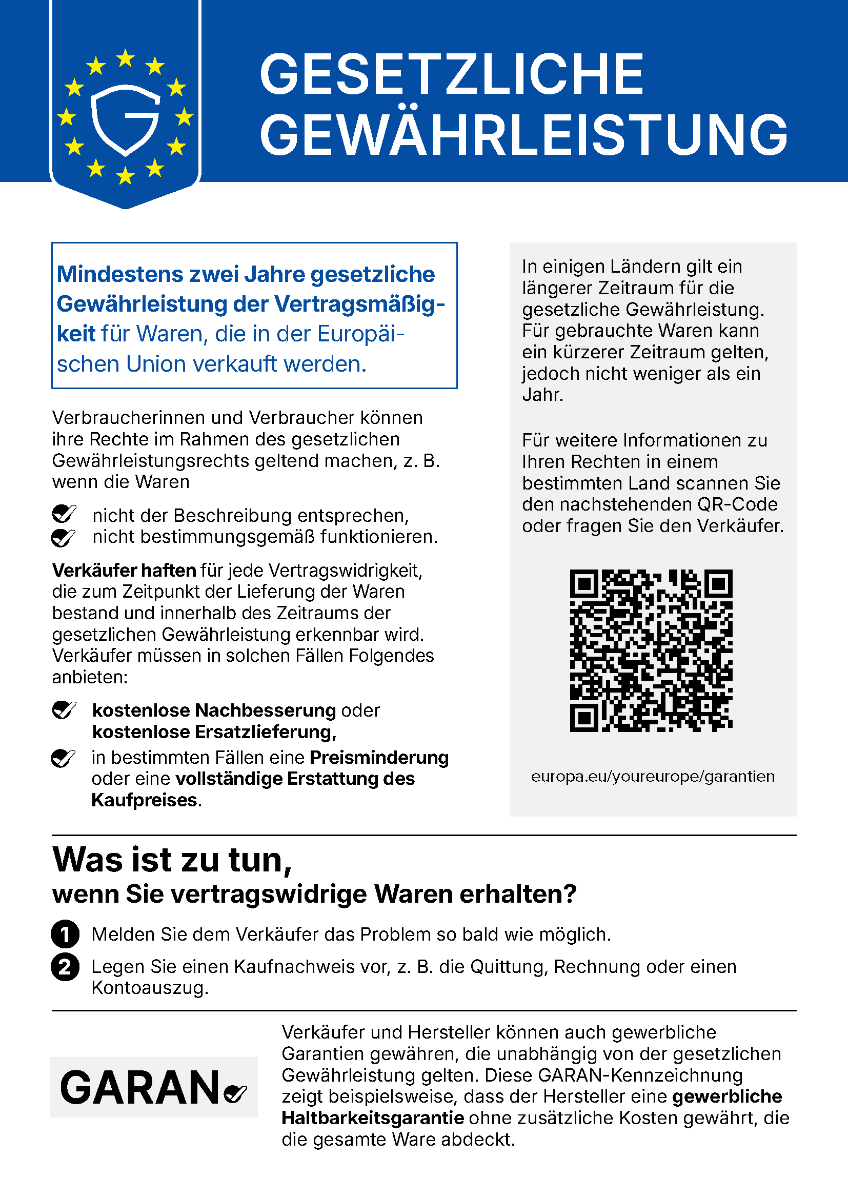 Offizieller EU-Hinweis „Gesetzliche Gewährleistung“: mindestens zwei Jahre gesetzliche Gewährleistung für Waren, die in der Europäischen Union verkauft werden.
